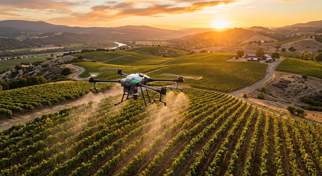 A sleek agricultural drone spraying a vast, lush vineyard at golden hour, aerial perspective, hyper-