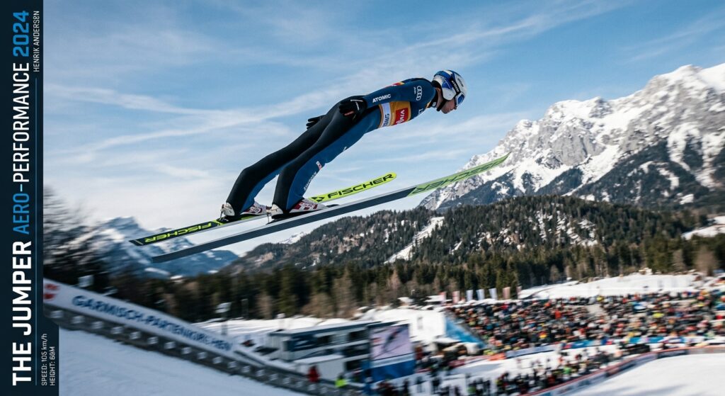 A sleek, professional editorial shot of a professional ski jumper in a high-tech aerodynamic suit mi