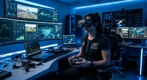 A technician in a modern control room operating a high-end racing drone using FPV goggles, blue ambi