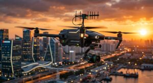 A sleek, high-tech professional drone equipped with an external signal booster antenna, captured dur