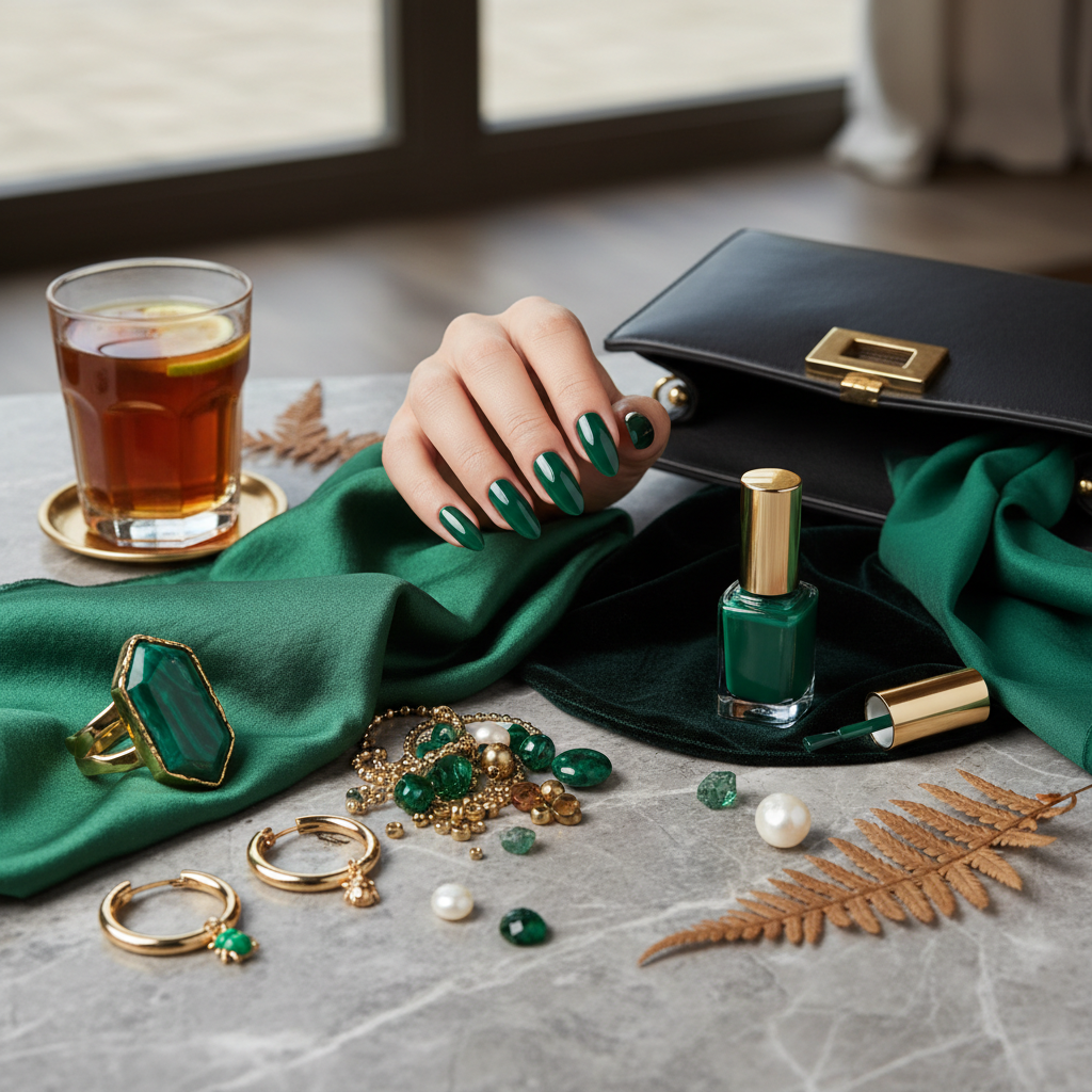 Butelkowa zieleń na paznokciach: z czym ją łączyć w sezonie 2026?