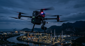 A high-end, professional cinematic shot of a sophisticated industrial drone mid-flight during a twil
